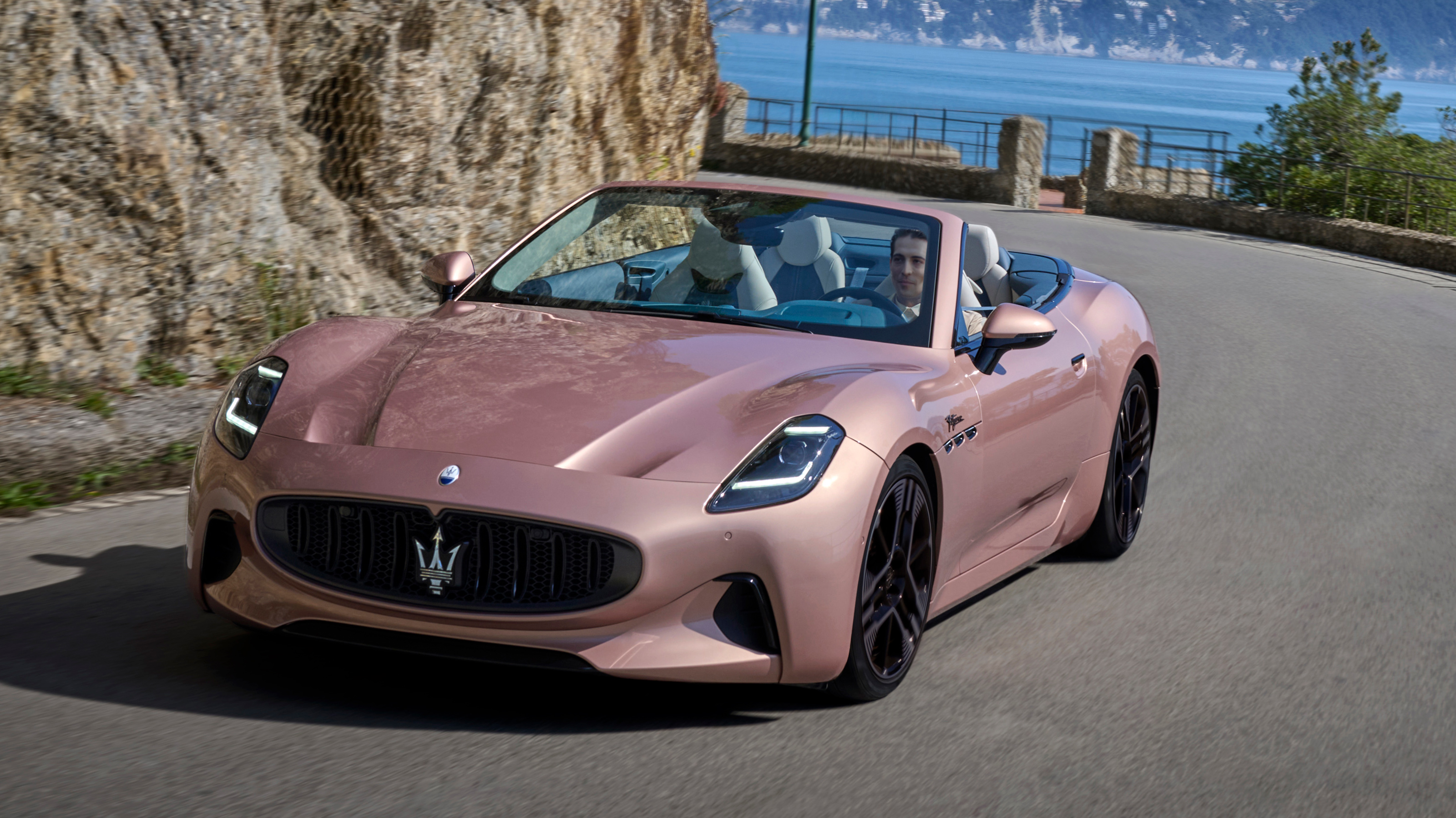 Maserati GranCabrio Folgore front 3/4 on an italian road