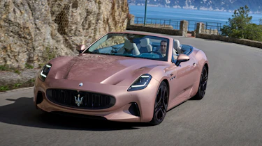 Maserati GranCabrio Folgore front 3/4 on an italian road