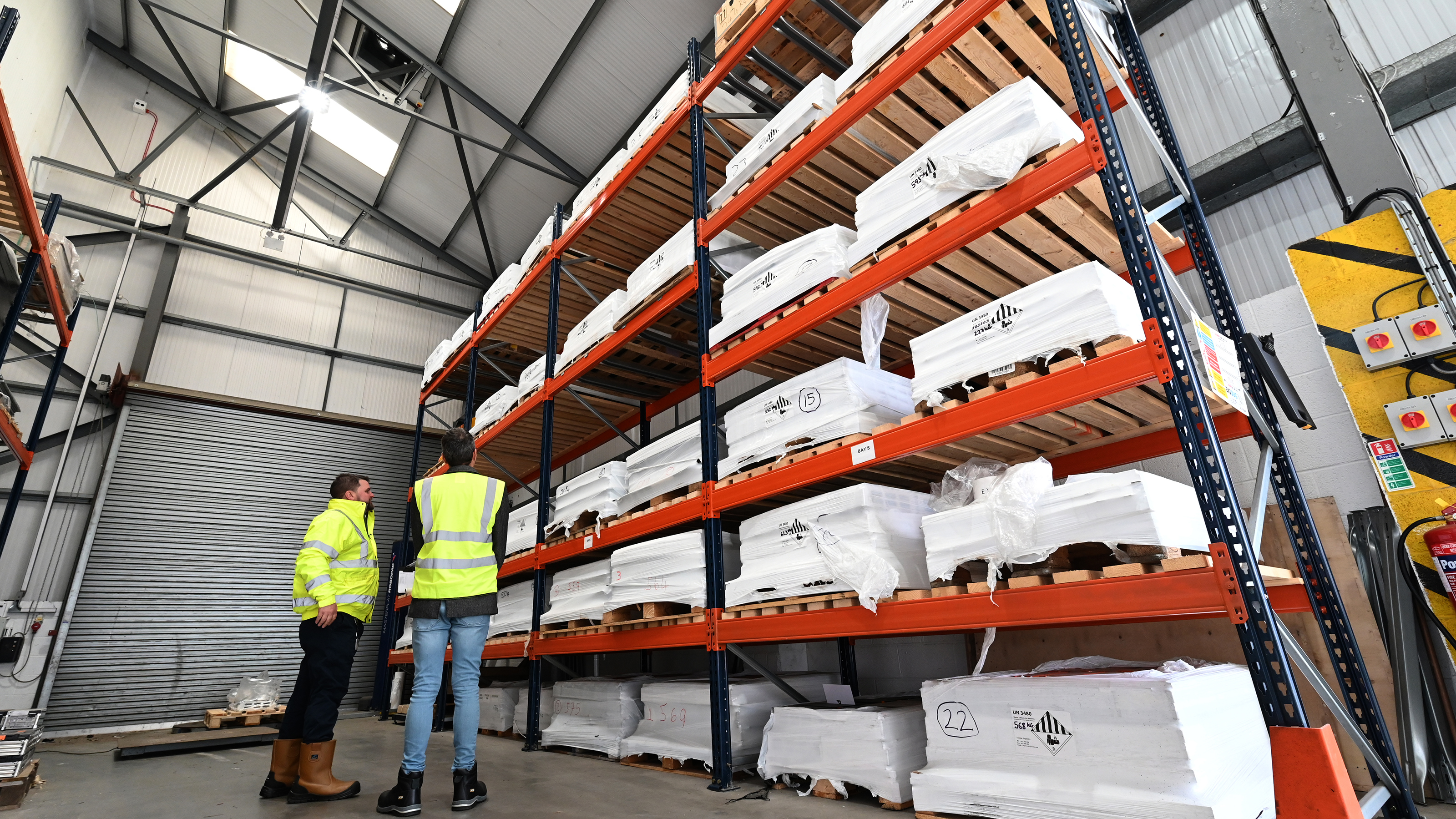 Battery recycling process - Tall shelves full of battery floorplans waiting to start the process