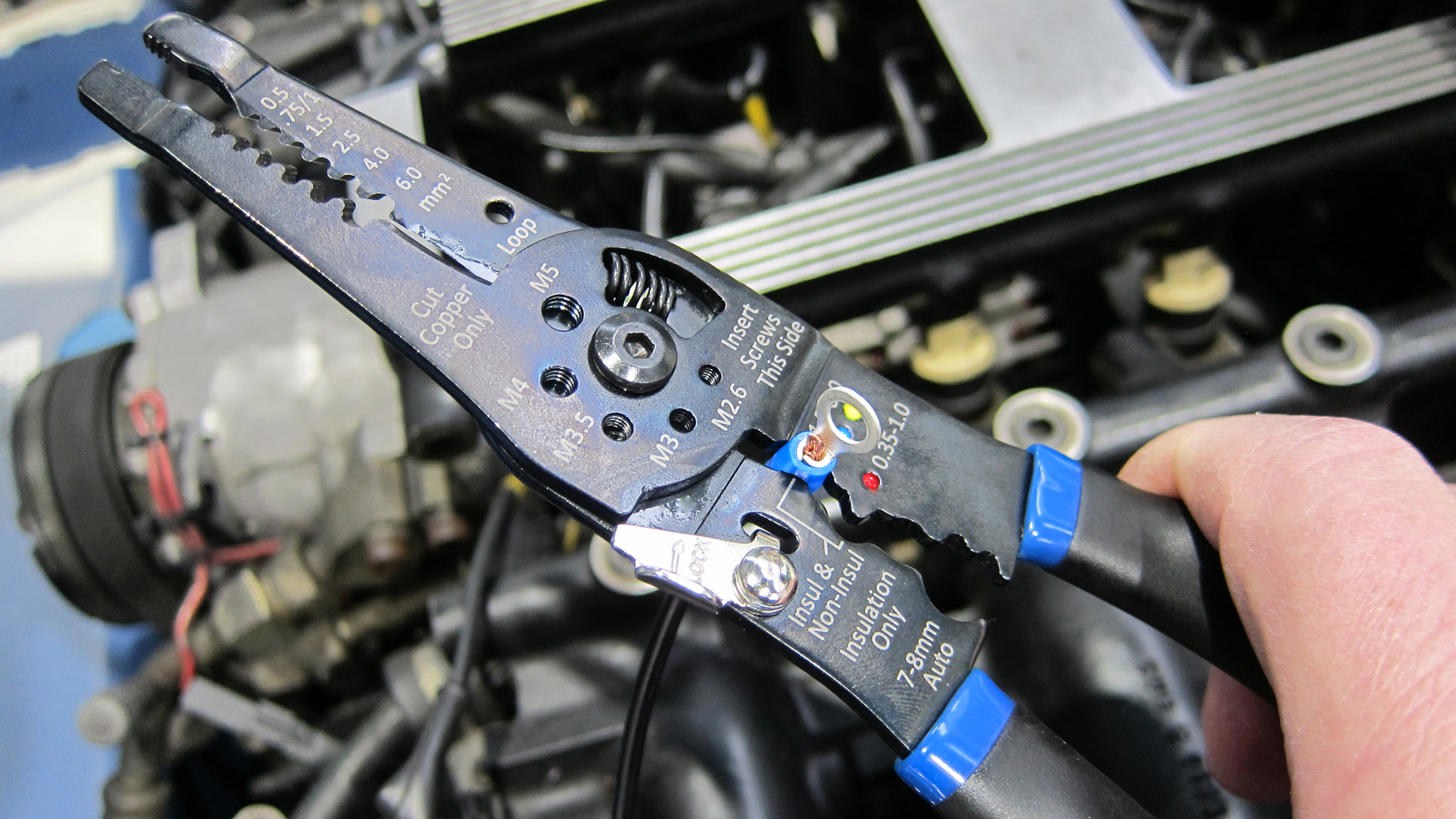 Laser Multi-purpose Stripper, Crimper &amp; Cutter 8785 - in use