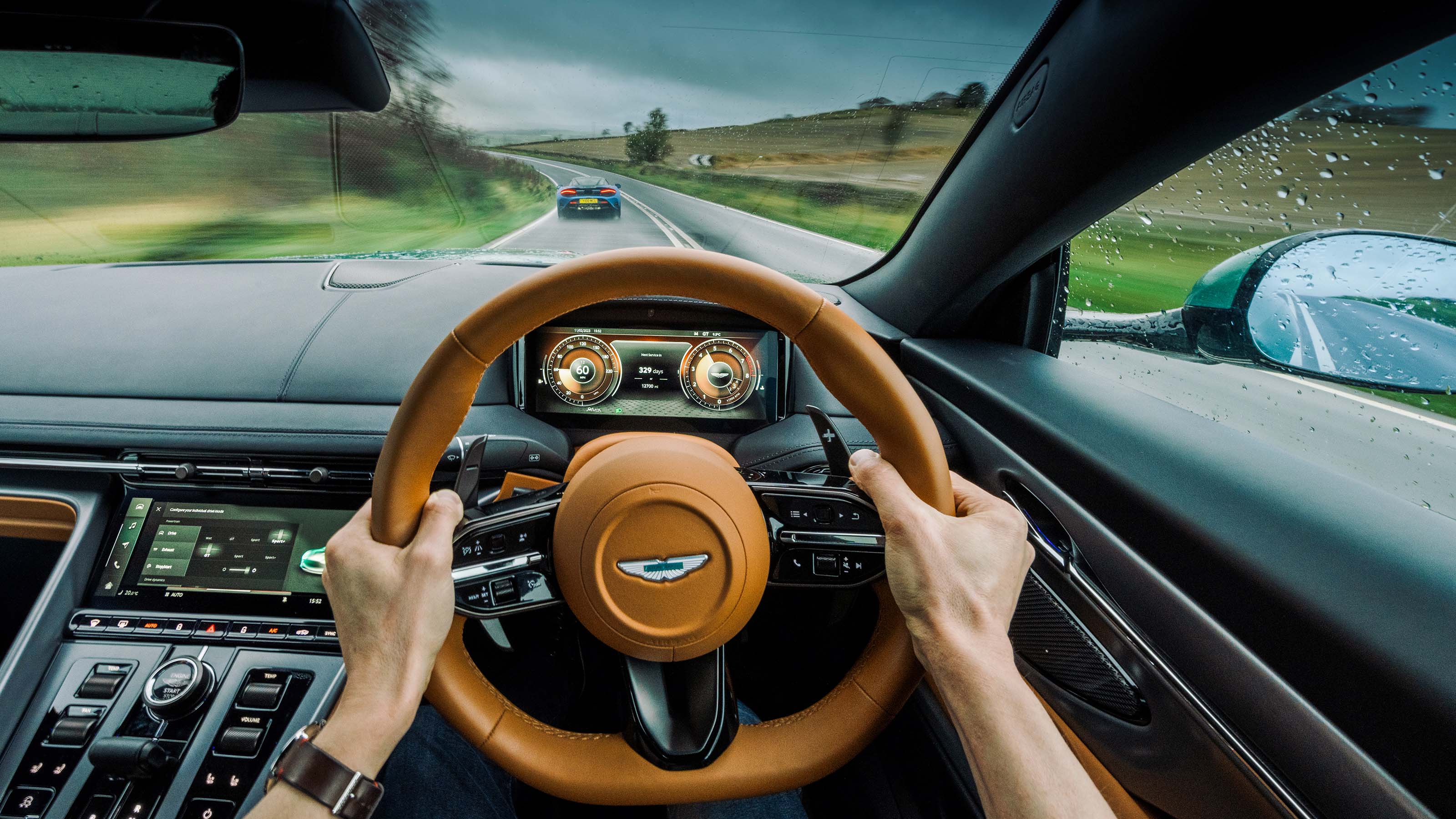 Aston Martin DB12 driving shot from interior