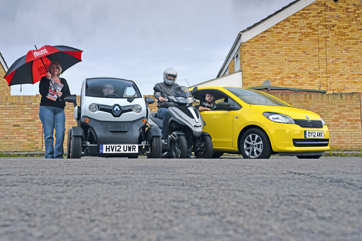Public transport vs Renault Twizy, Piaggio MP3 Yourban 300 LT and Skoda Citigo