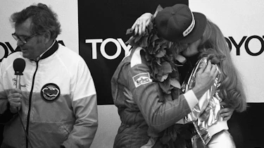 Race winner Hunt celebrates at the 1977 United States Grand Prix