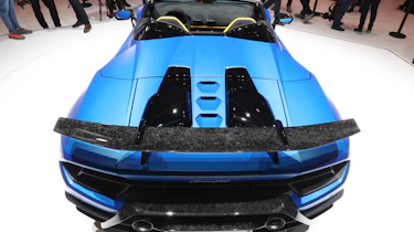 Blue Lamborghini Huracan Performante Spyder rear end