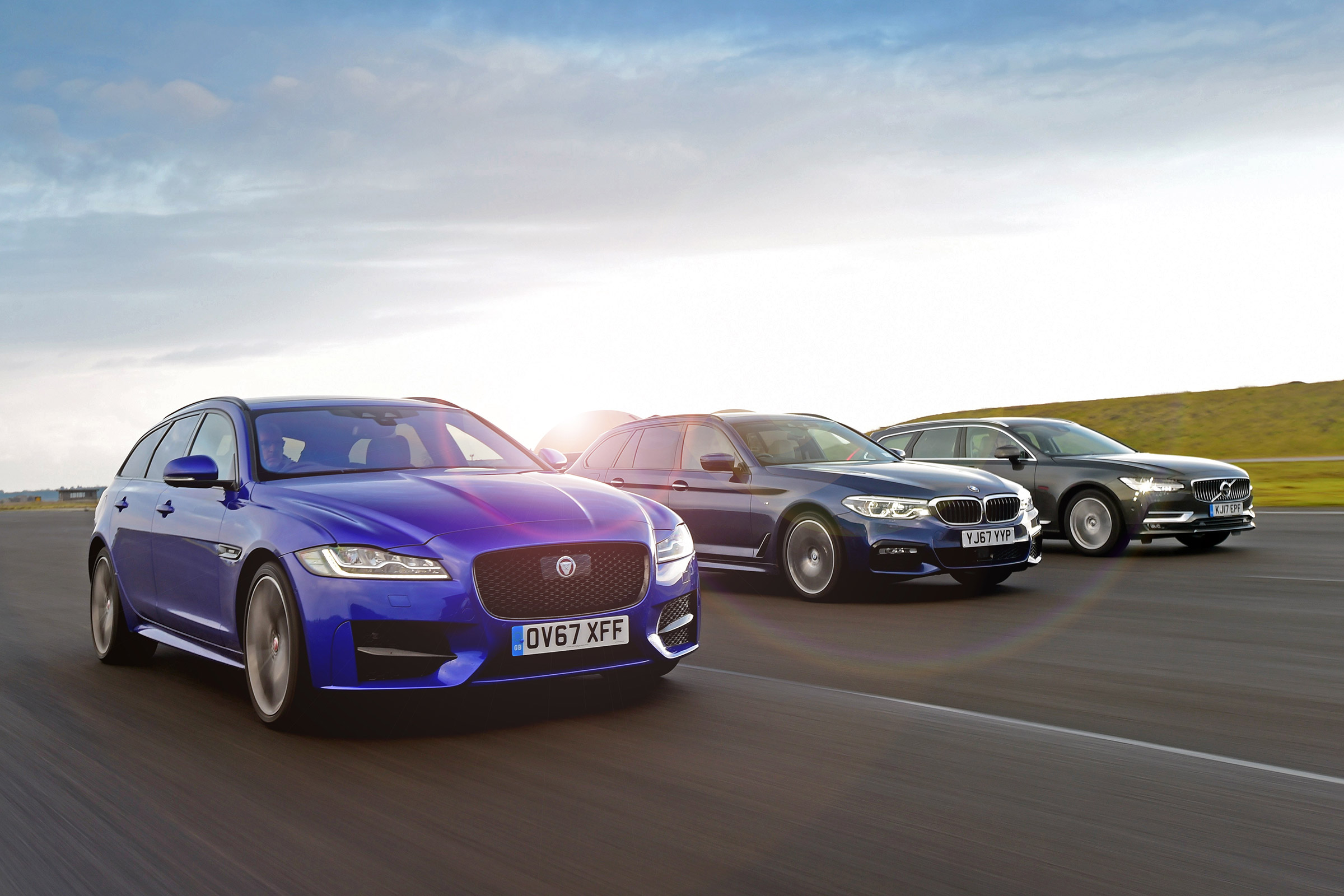 Jaguar XF Sportbrake vs BMW 5 Series Touring vs Volvo V90 - front
