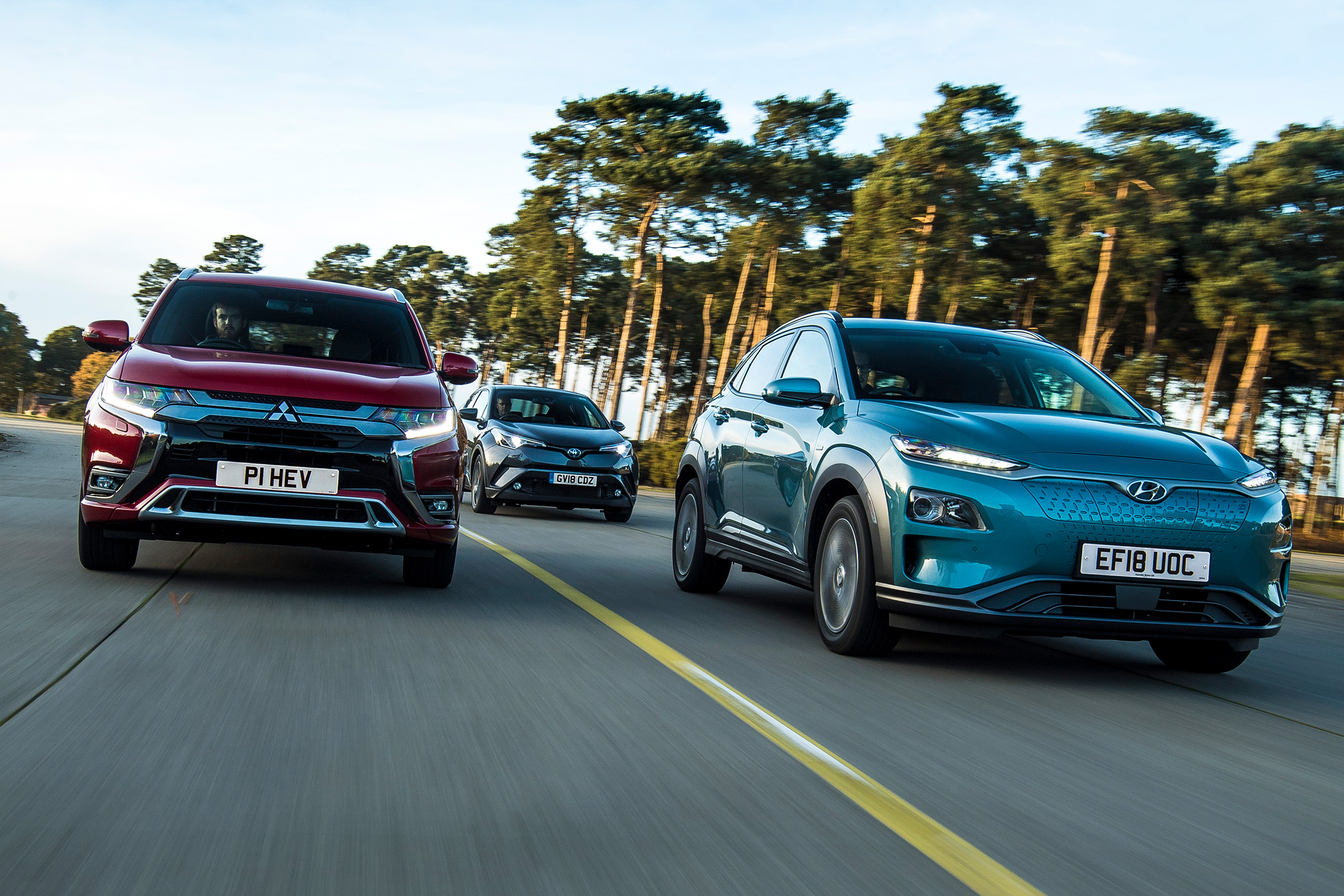 Hyundai Kona Electric vs Mitsubishi Outlander PHEV vs Toyota C-HR - header