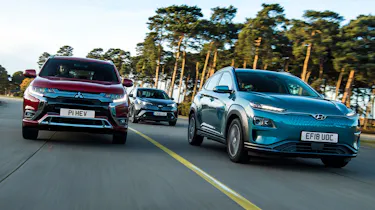 Hyundai Kona Electric vs Mitsubishi Outlander PHEV vs Toyota C-HR - header