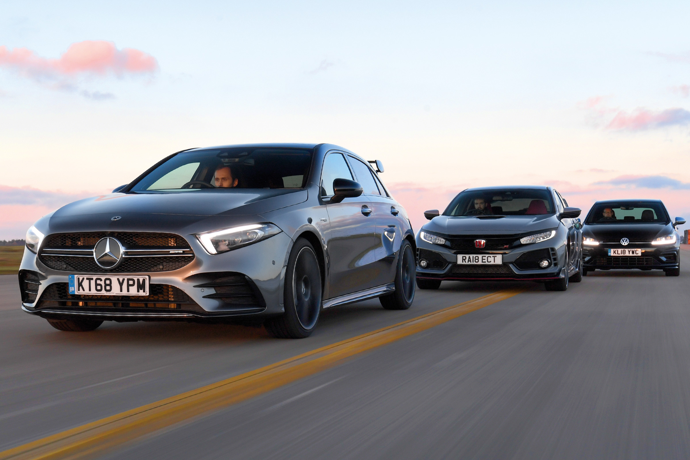 mercedes-amg a35 vs honda civic type r vs vw golf r header