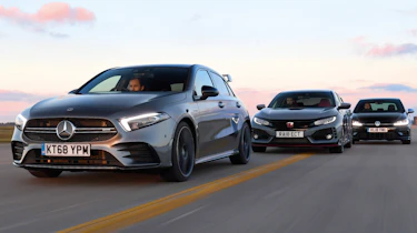 mercedes-amg a35 vs honda civic type r vs vw golf r header