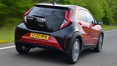 Toyota Aygo X vs Hyundai i10 vs Fiat 500 group test - Toyota Aygo X rear tracking