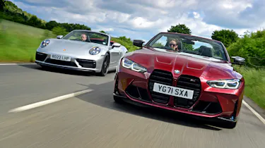 Porsche 911 Cabriolet and BMW M4 Convertible - side-by-side front tracking