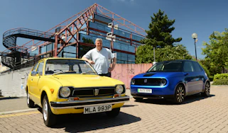 Chris Rosamond with the Mk1 Civic and Honda e