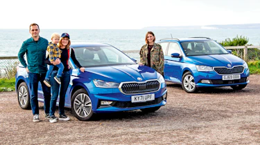 Dawn Grant and family with two Skoda Fabias