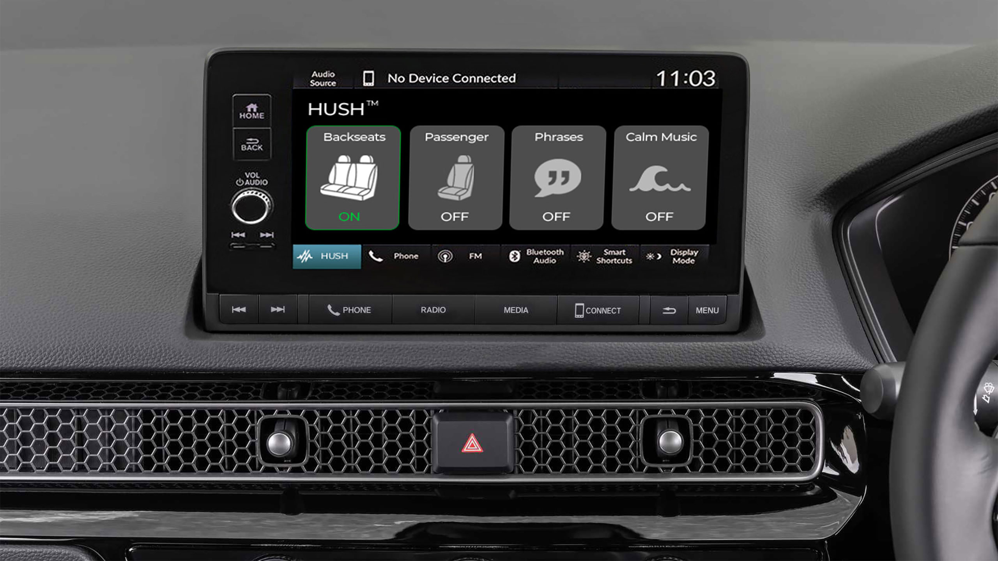 Infotainment screen displaying "Honda Hush" system
