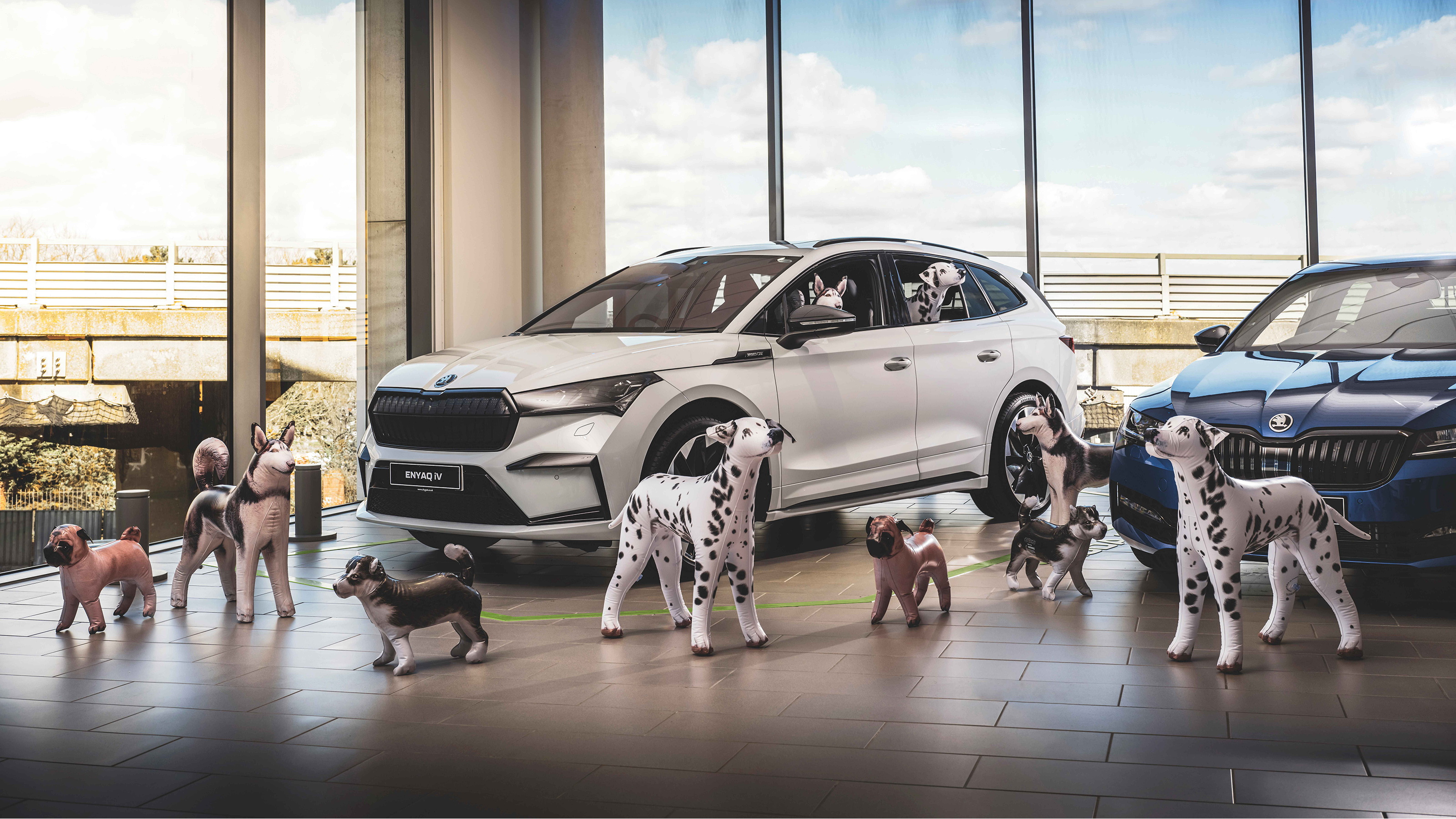 Skoda Enyaq iV surrounded by inflatable dogs