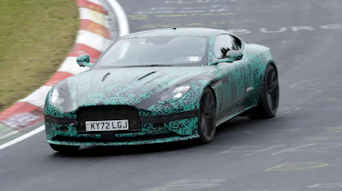 Aston Martin DB12 spy shots Nurburgring front corner
