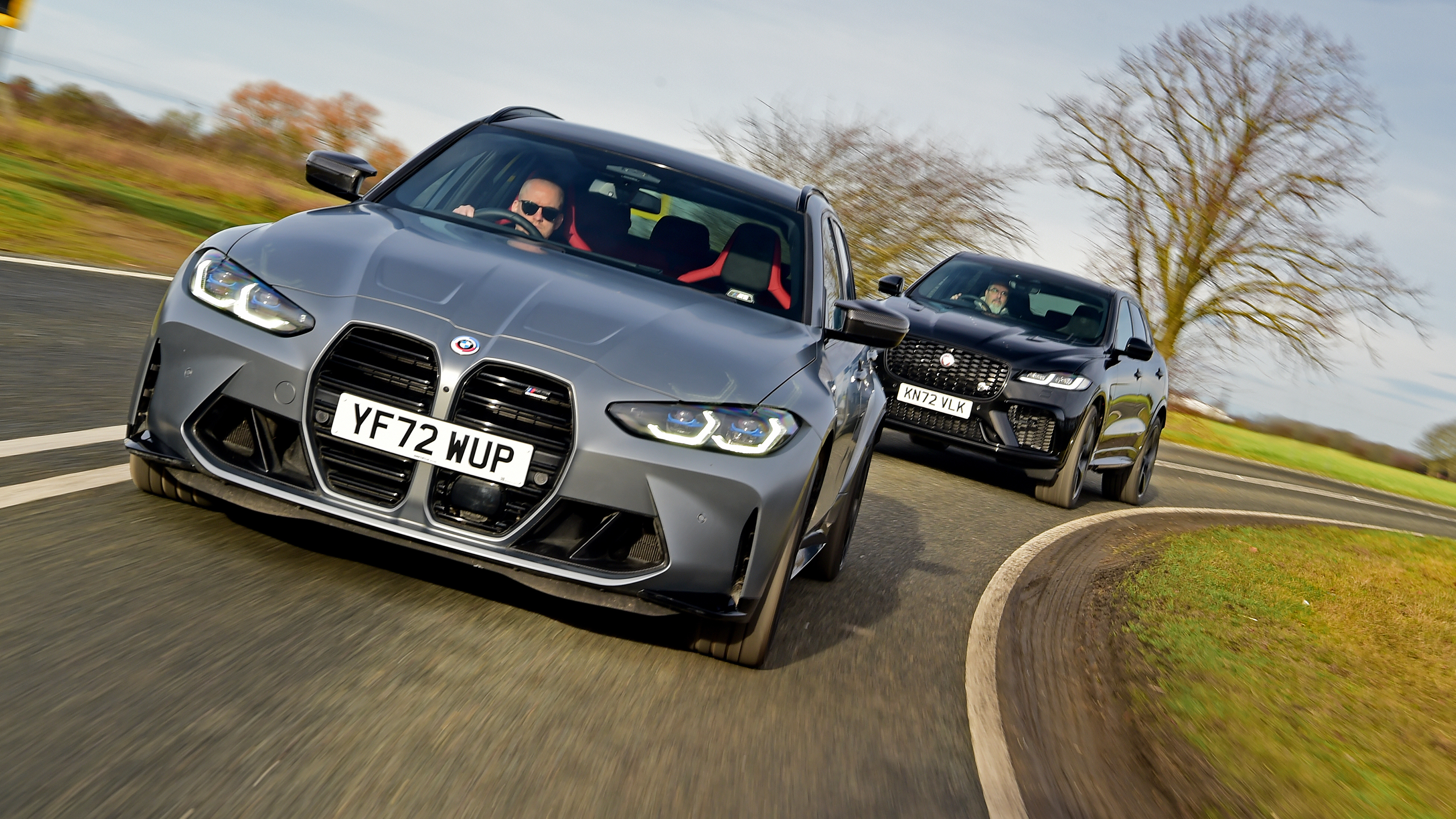 BMW M3 Touring and Jaguar F-Pace SVR - front cornering