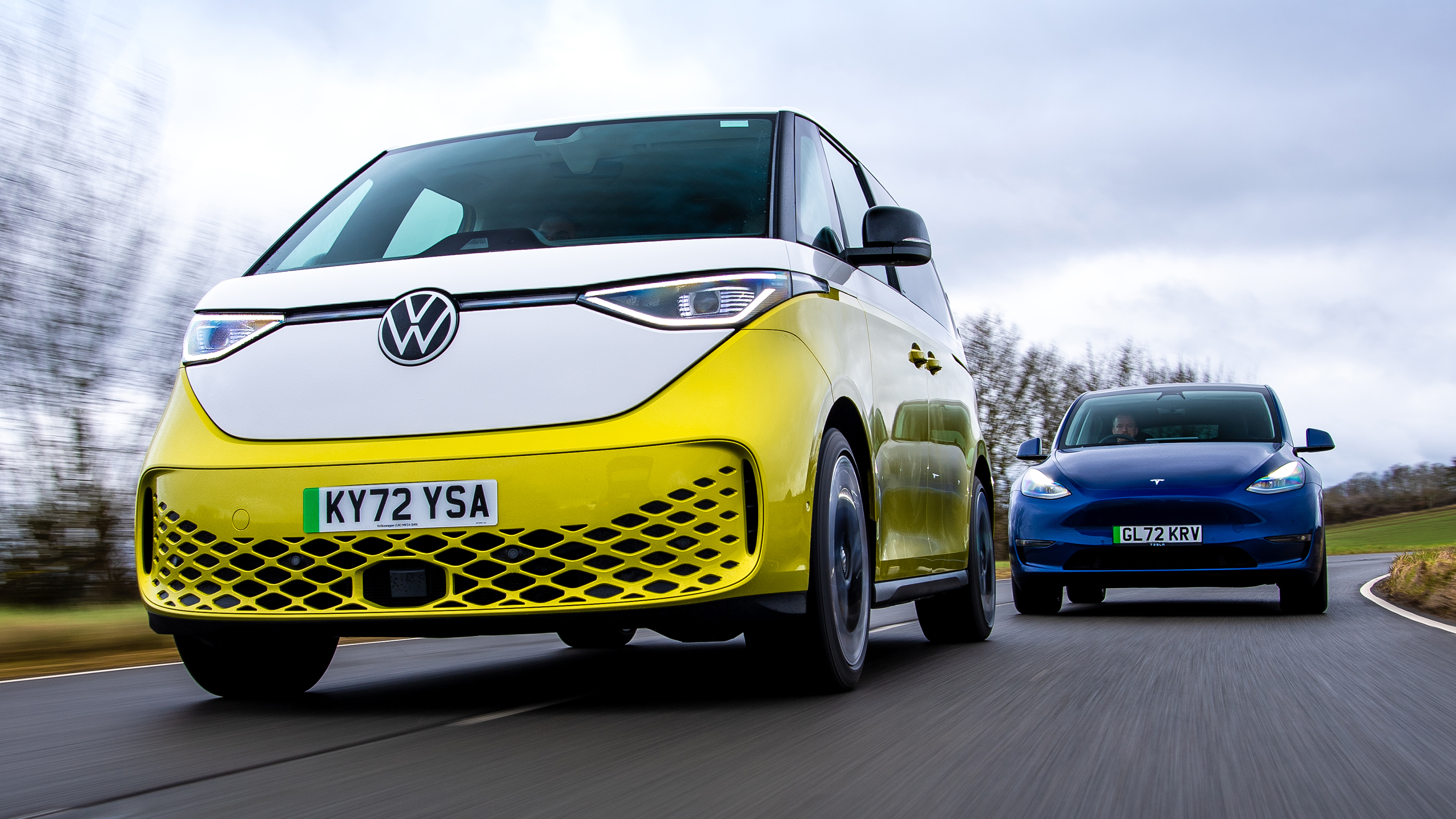 Tesla Model Y chasing Volkswagen ID.Buzz
