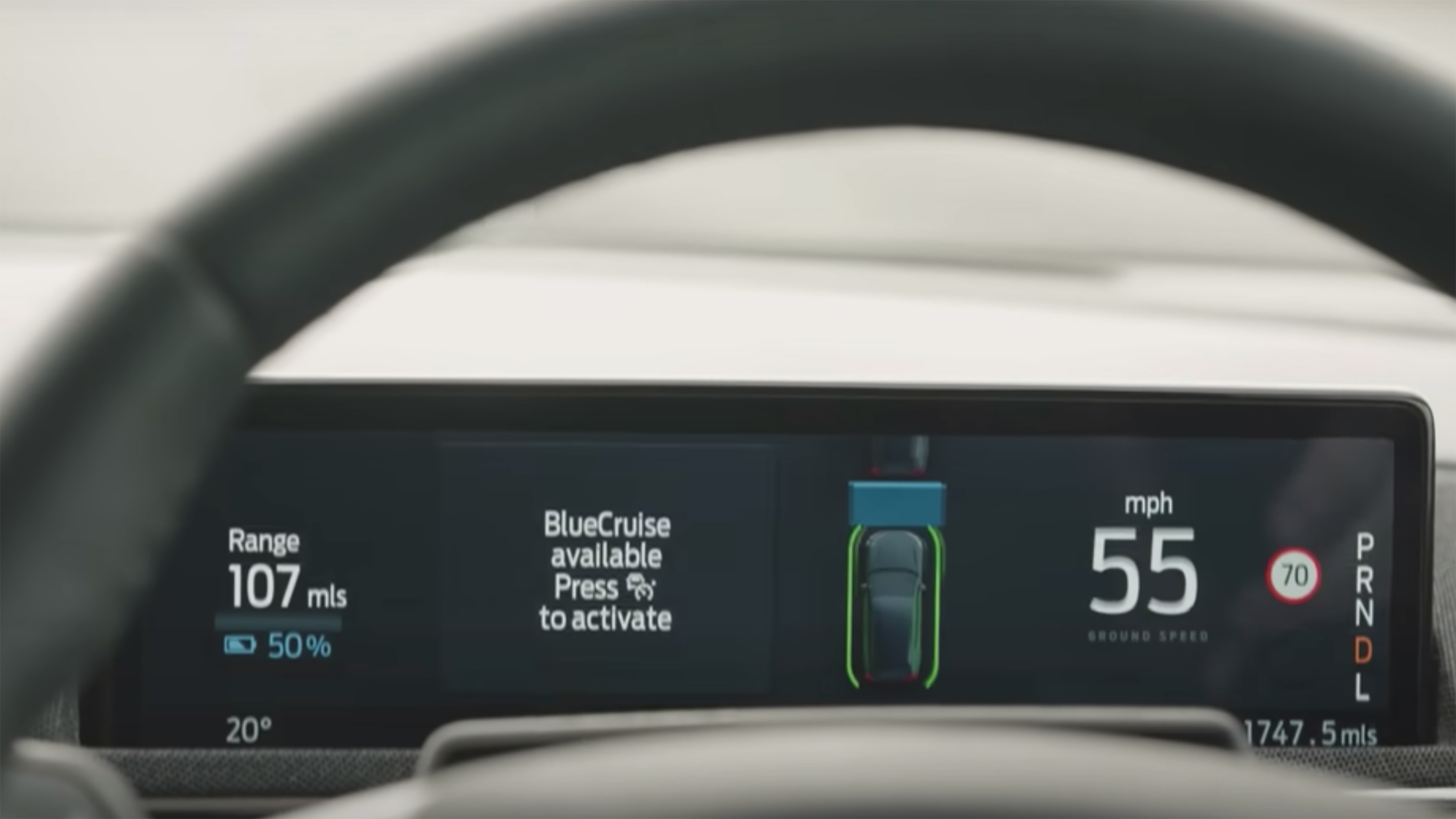 Ford Mustang Mach-e dashboard screen displaying "BlueCruise available" message