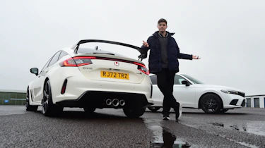 Honda Civic long-term test: Tristan-Shale Hester standing between Civic Sport and Civic Type R
