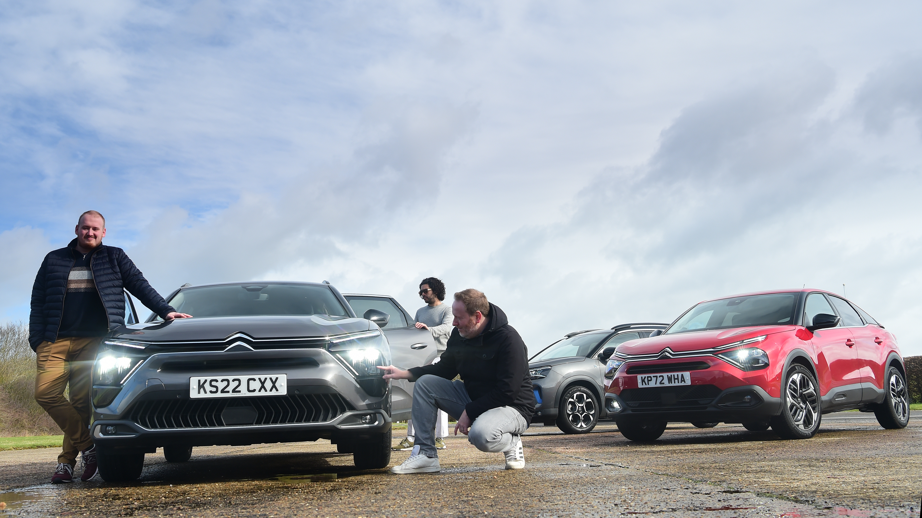 Ellis Hyde, Pete Baiden and Jordan Katsianis inspecting Citroen C5 X