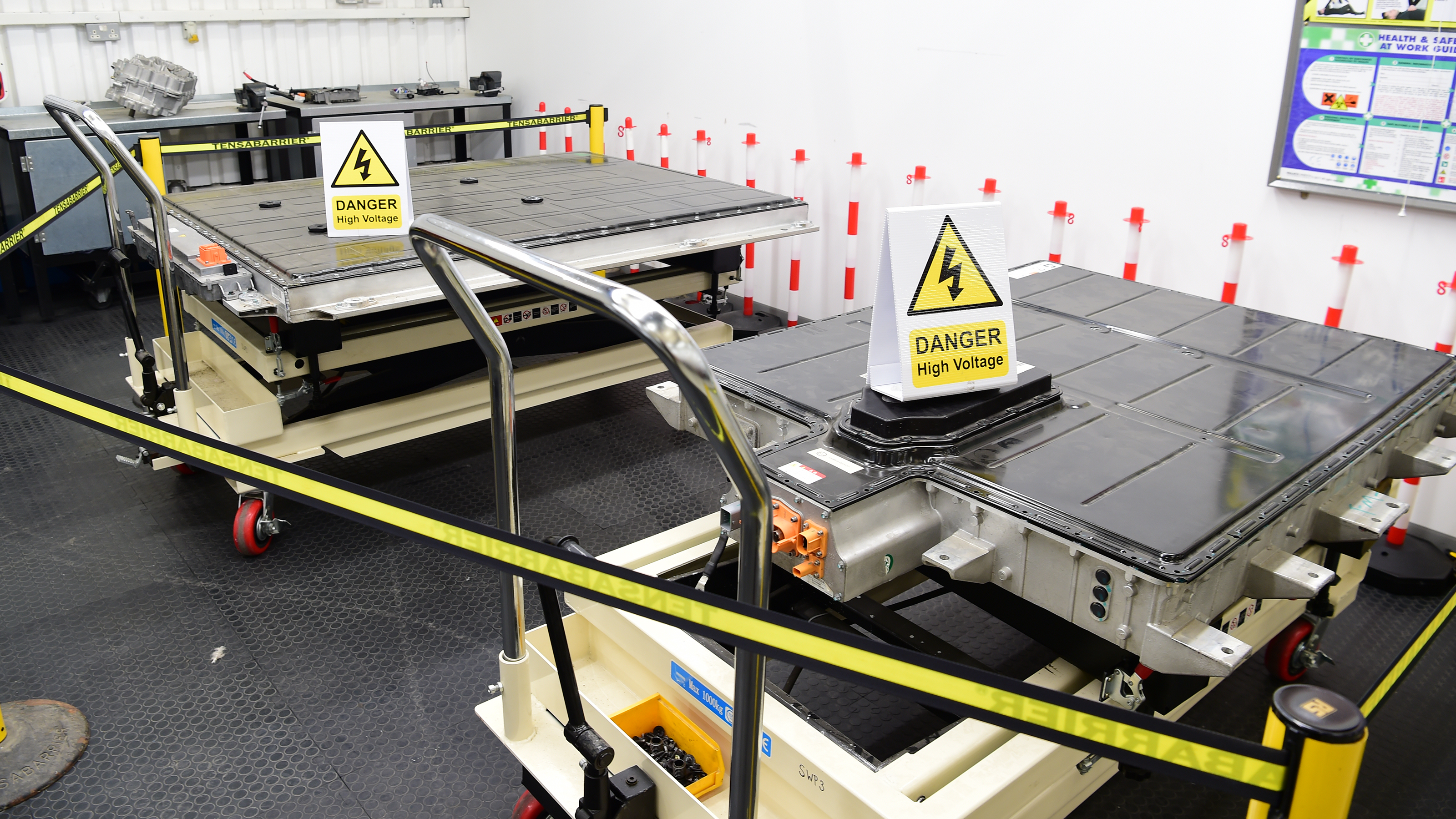 MG EV batteries on stands