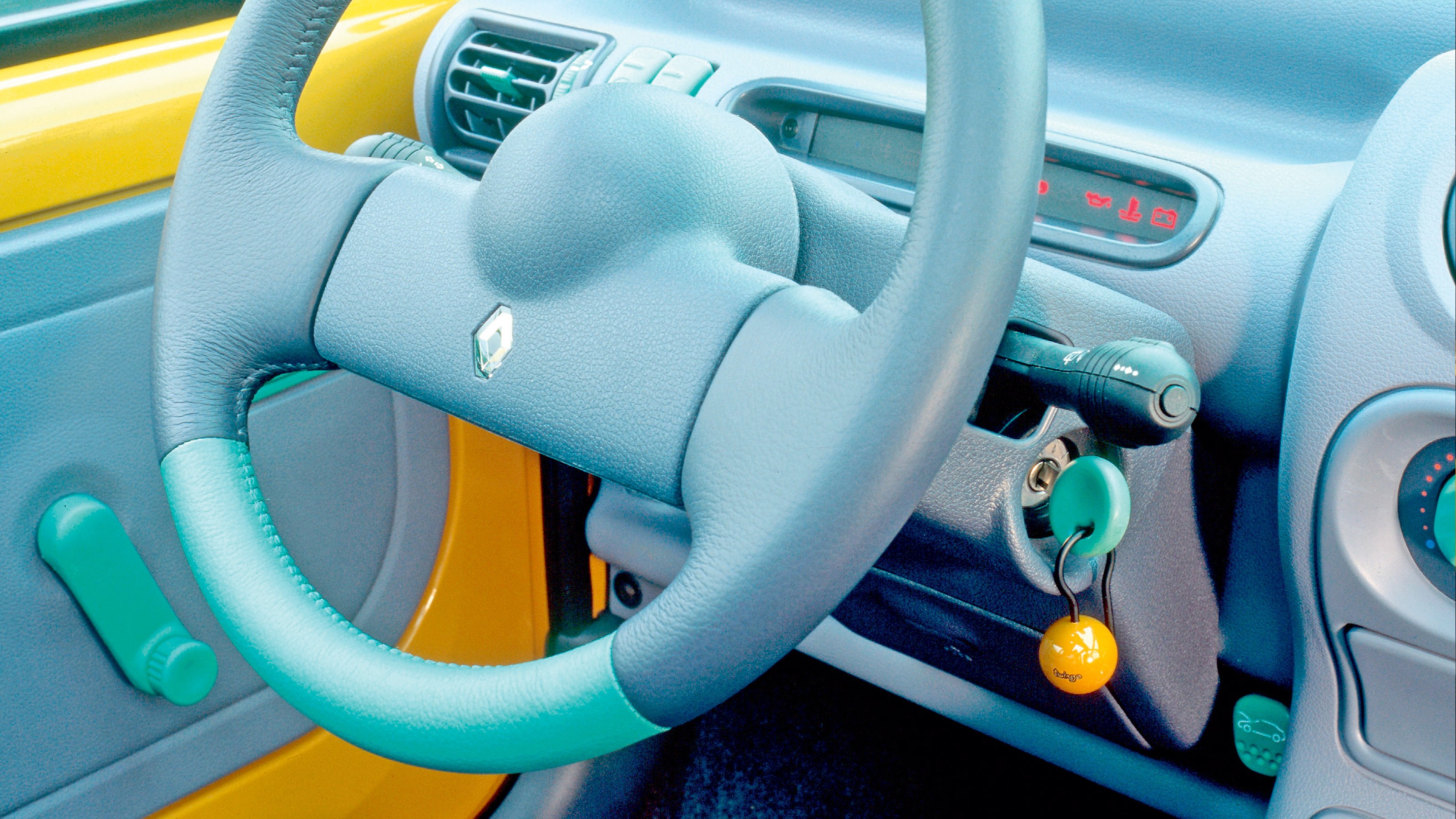Drivers view of steering wheel in a Renault Twingo - side shot.
