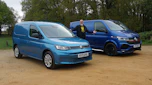 Auto Express senior test editor Dean Gibson standing between the Volkswagen Transporter and Volkswagen Caddy