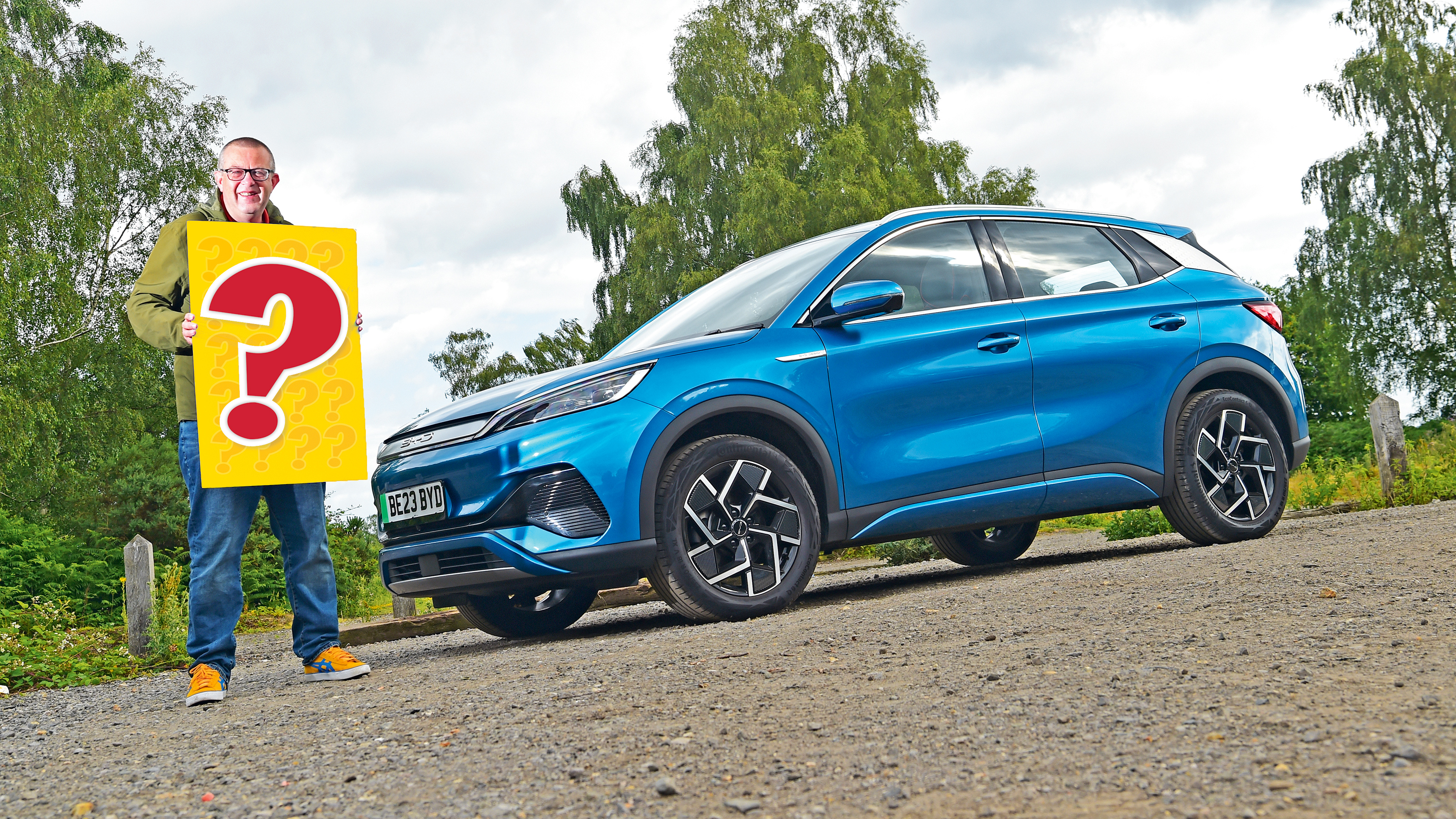 Auto Express deputy editor John McIlroy holding a giant question mark standing next to the BYD Atto 3