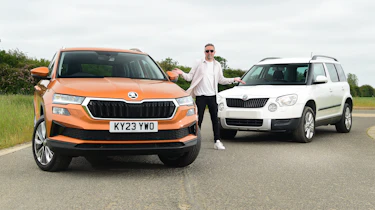 Auto Express staff photographer Pete Gibson standing between the Skoda Karoq and Skoda Yeti