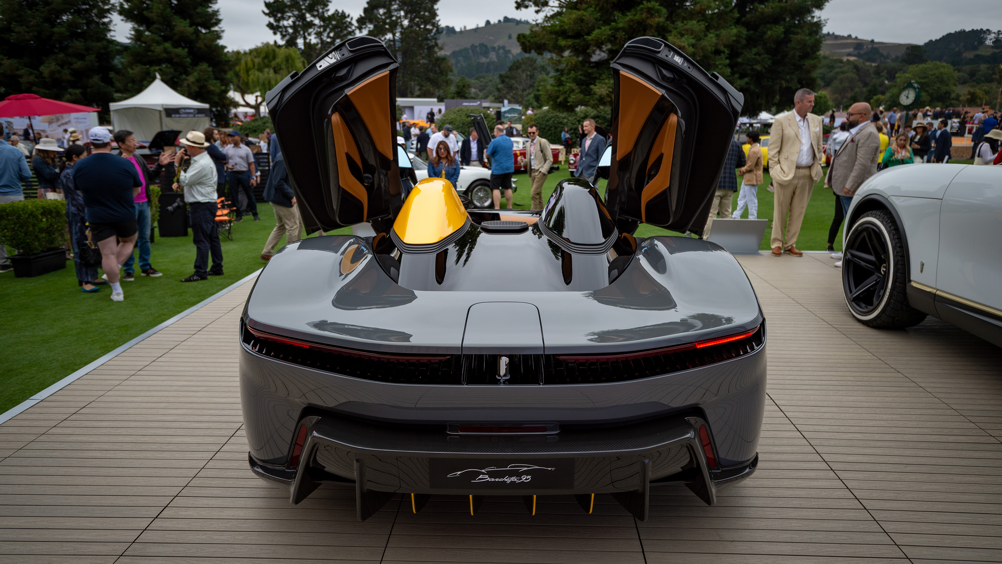 Pininfarina B95 on display at 2023 Monterey Car Week - rear (doors open)