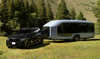 Pebble Flow caravan being towed by a BMW X5