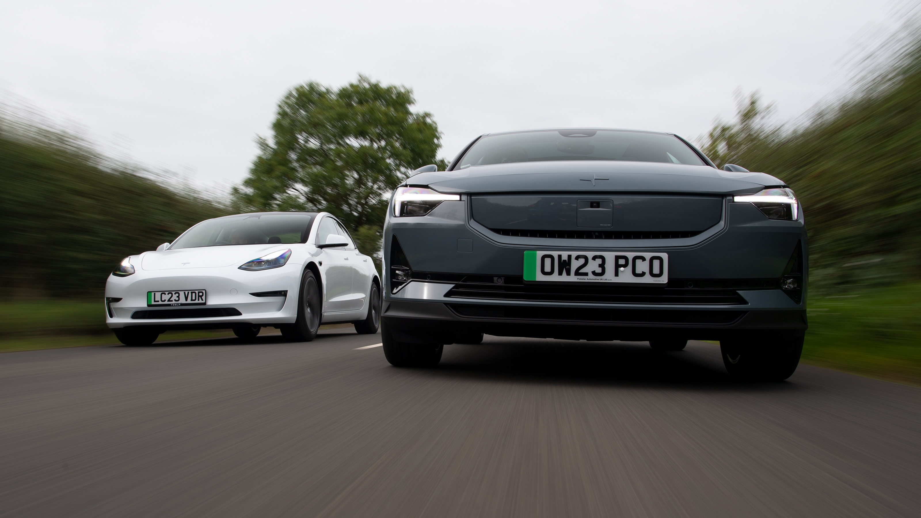 Polestar 2 and Tesla Model 3 – front action