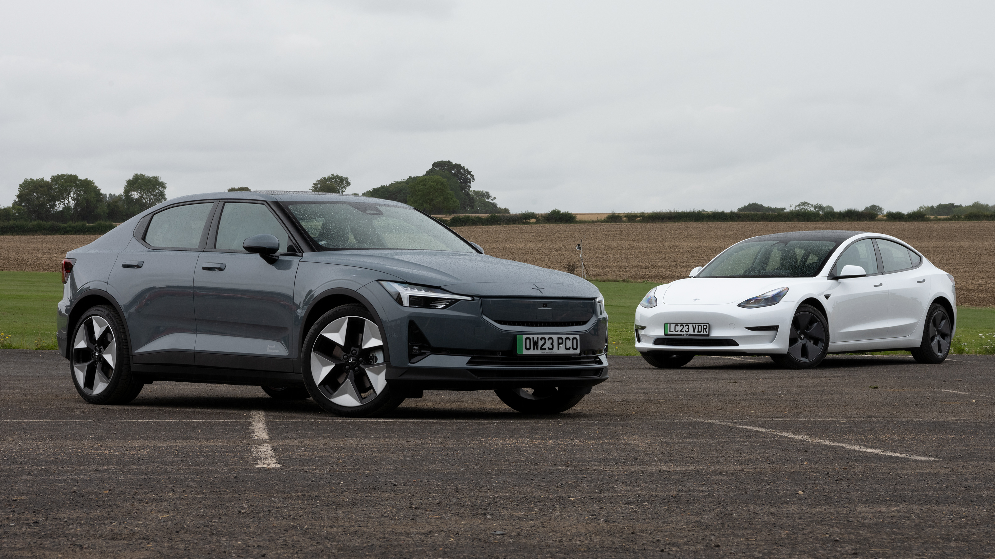 Polestar 2 and Tesla Model 3 – front static
