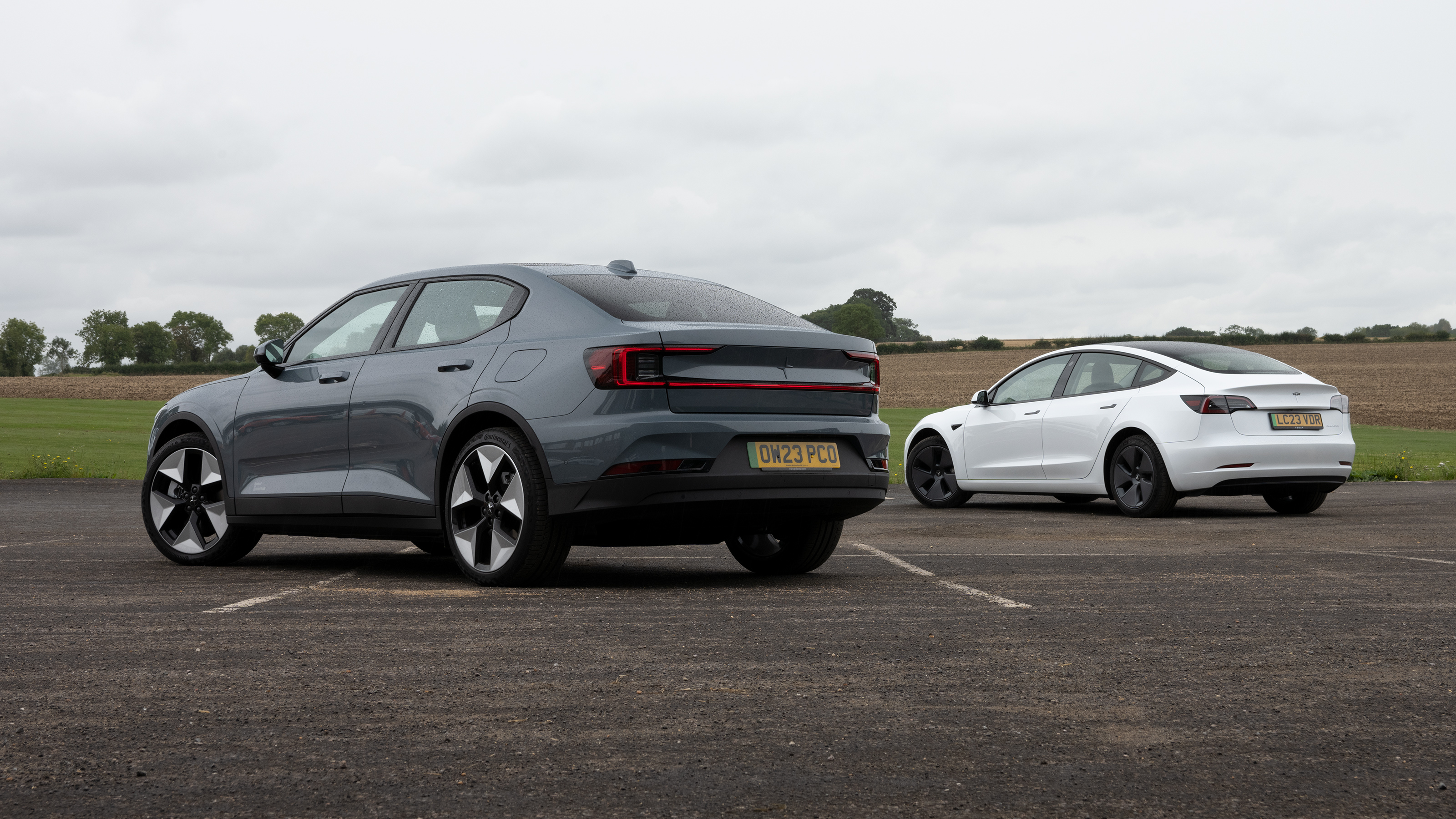 Polestar 2 and Tesla Model 3 – rear static