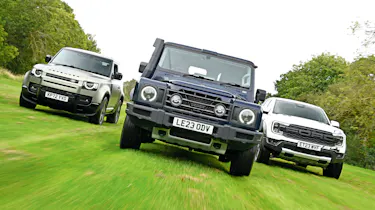 Land Rover Defender, Ineos Grenadier and Ford Ranger Raptor - front action