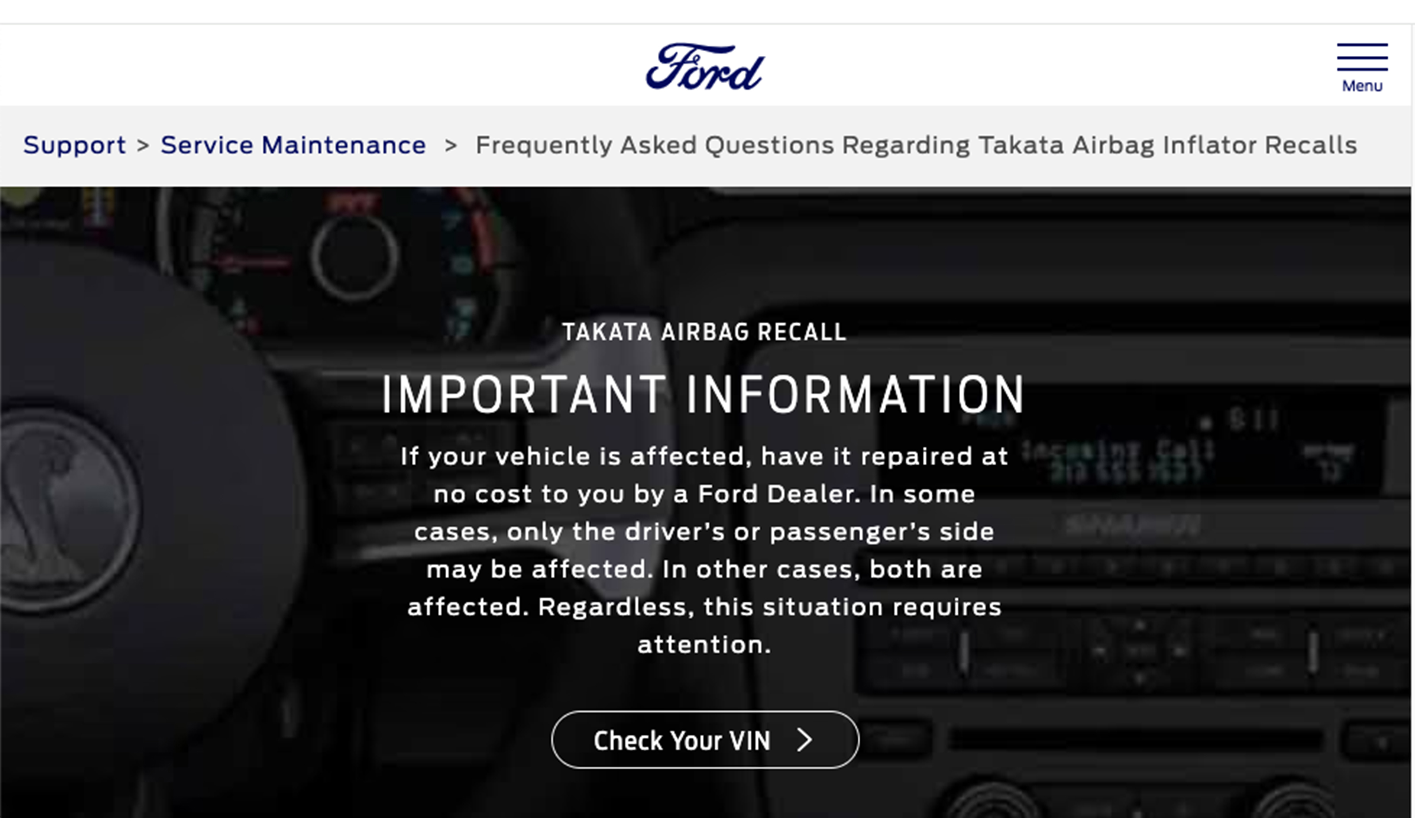 Ford website - Takata airbag recall page