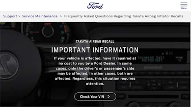 Ford website - Takata airbag recall page