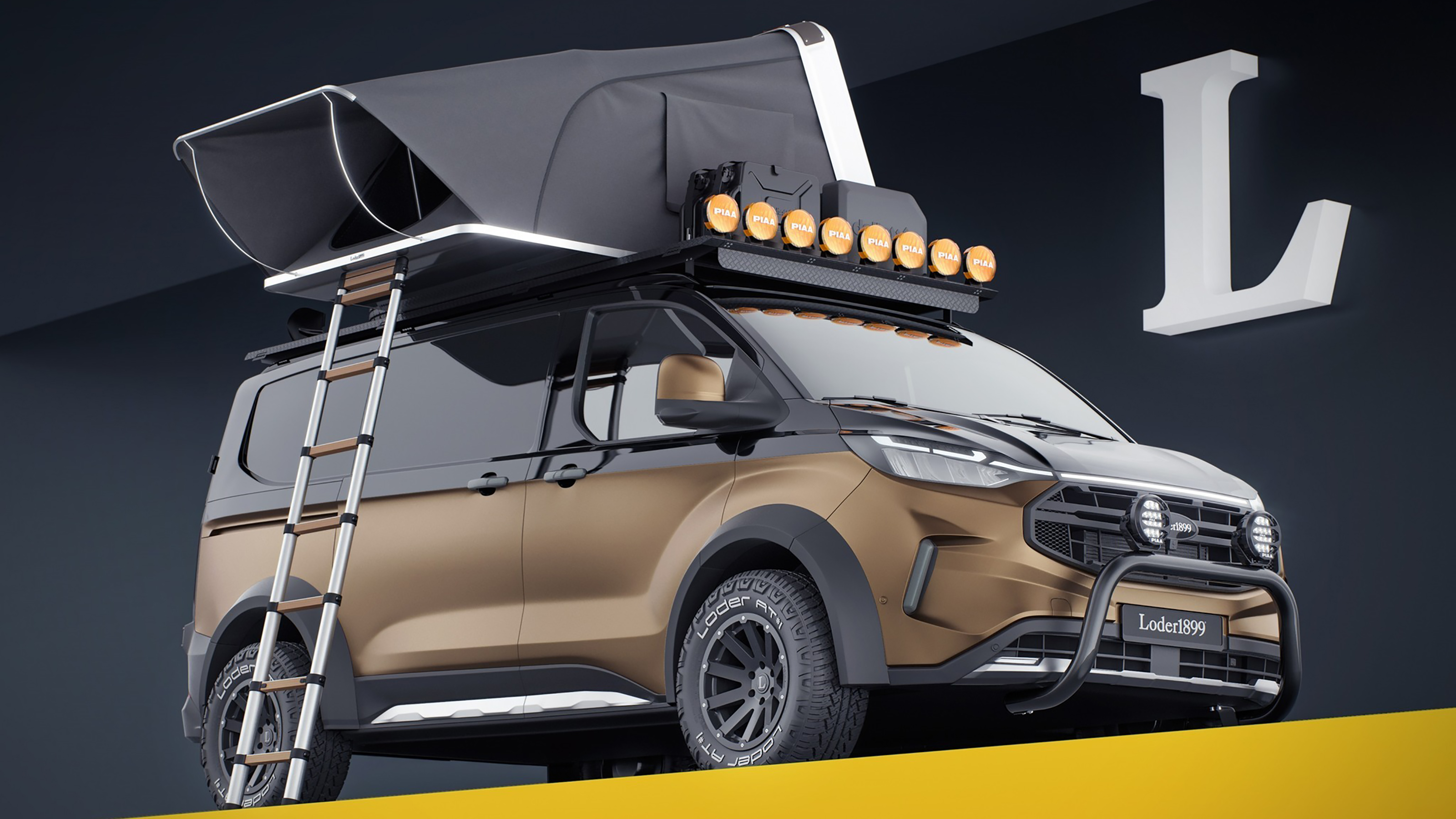 Loder1899 Ford Transit Custom - front with roof tent and ladder deployed