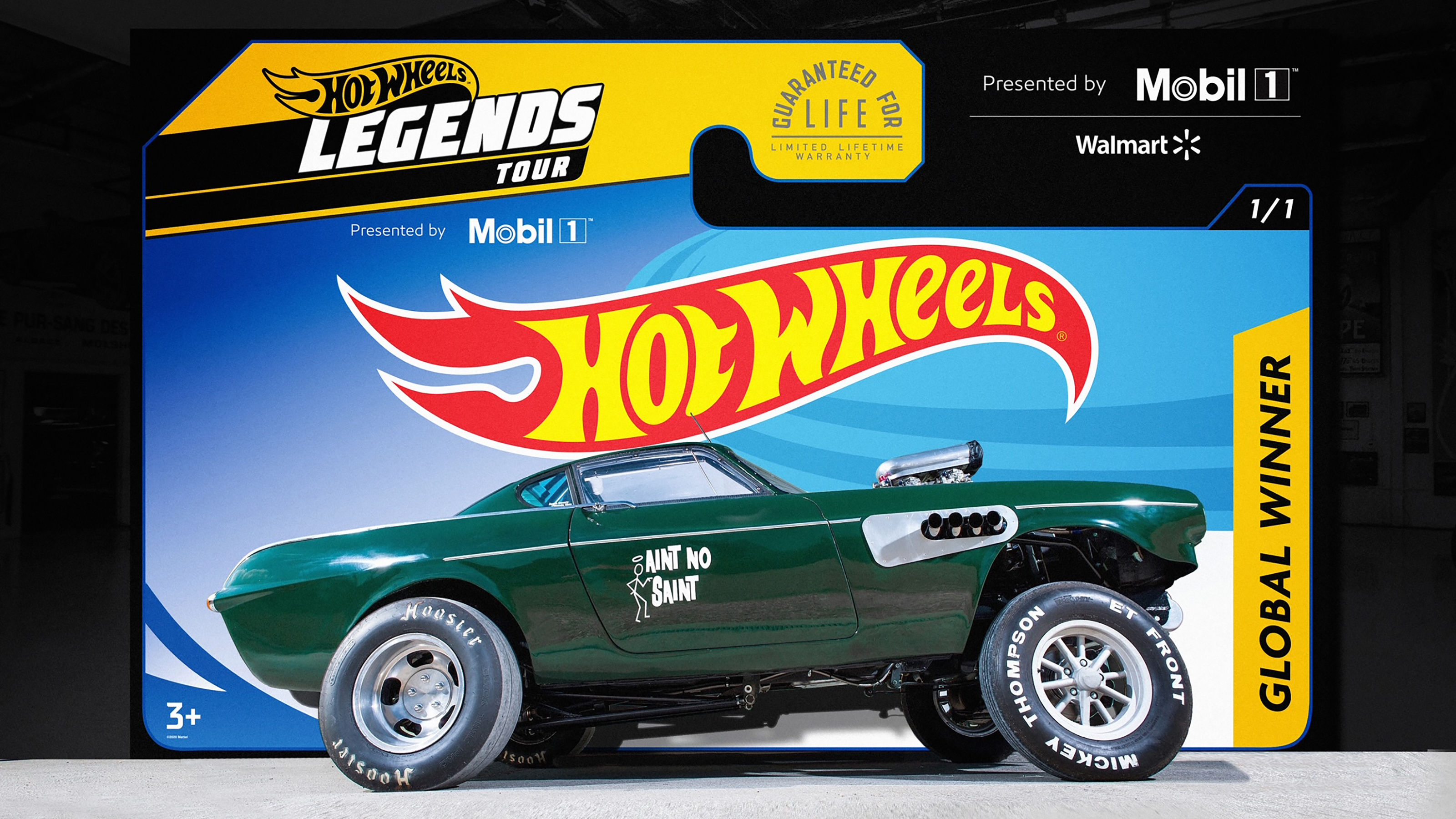 'Ain't no Saint' Volvo P1800 parked in front of Hot Wheels backdrop