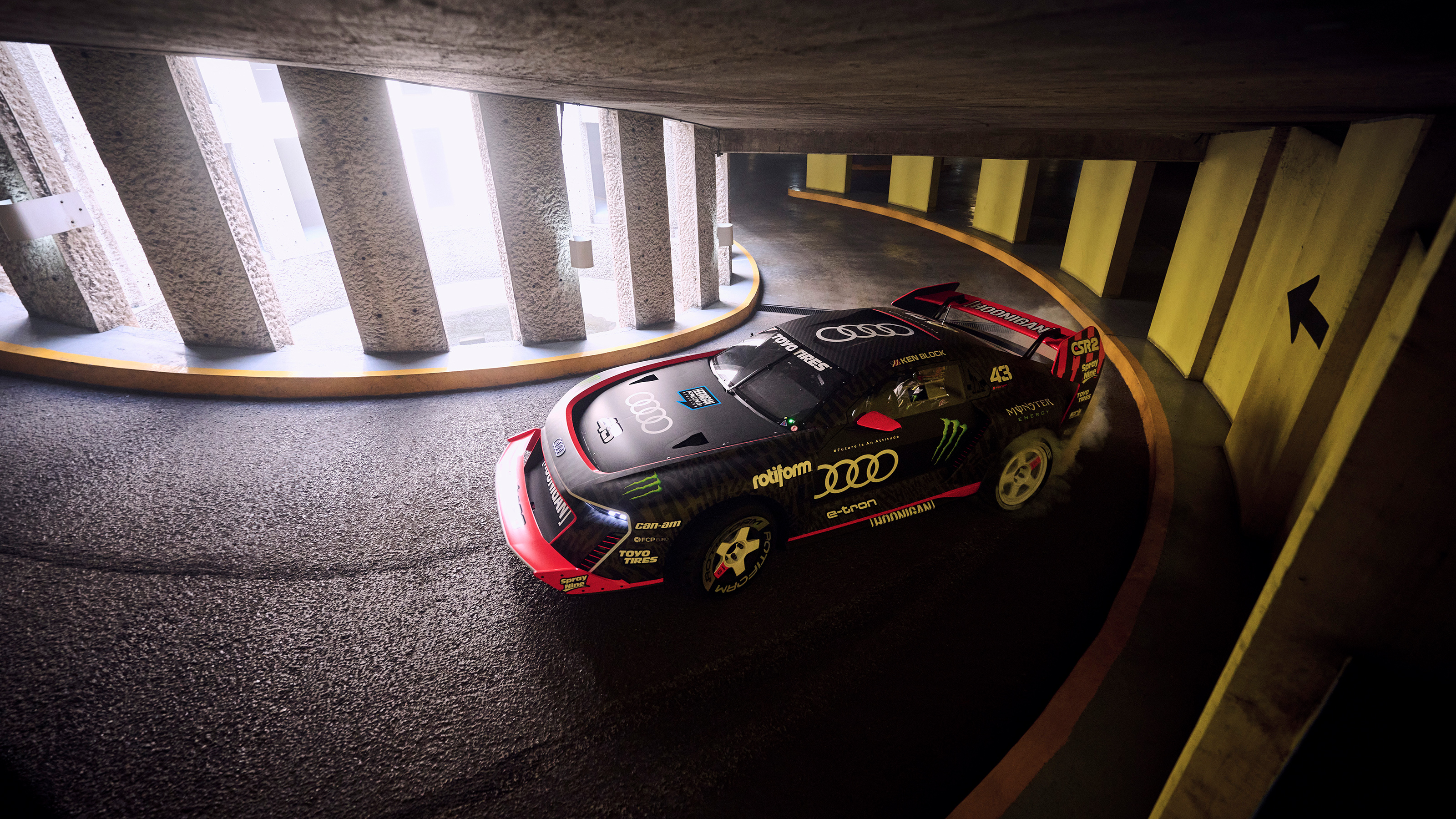 Audi S1 e-tron quattro Hoonitron - drifting up multi-storey car park ramp