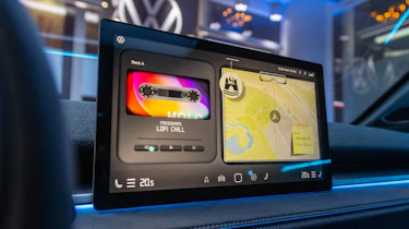 VW ID.2All concept interior - infotainment screen displaying retro cassette deck