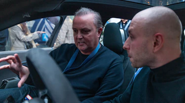 Auto Express editor-in-chief Steve Fowler discussing the VW ID.2All concept's interior with Volkswagen head of design Andreas Mindt