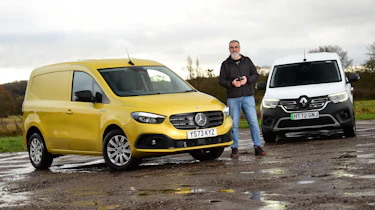 Auto Express senior test editor Dean Gibson standing between a Renault Kangoo and Mercedes Citan