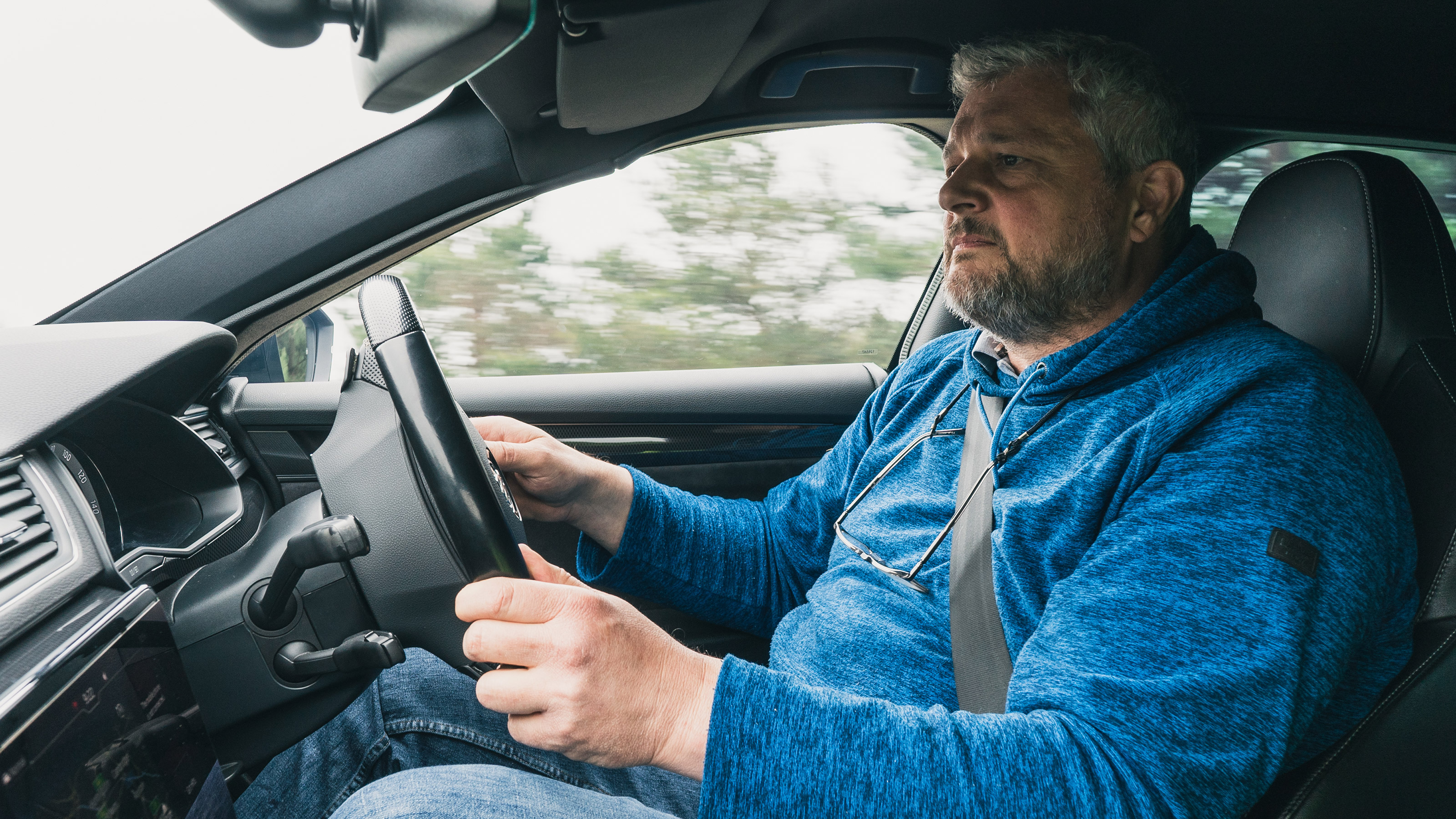 Chris Rosamond driving the armoured Skoda Superb Estate