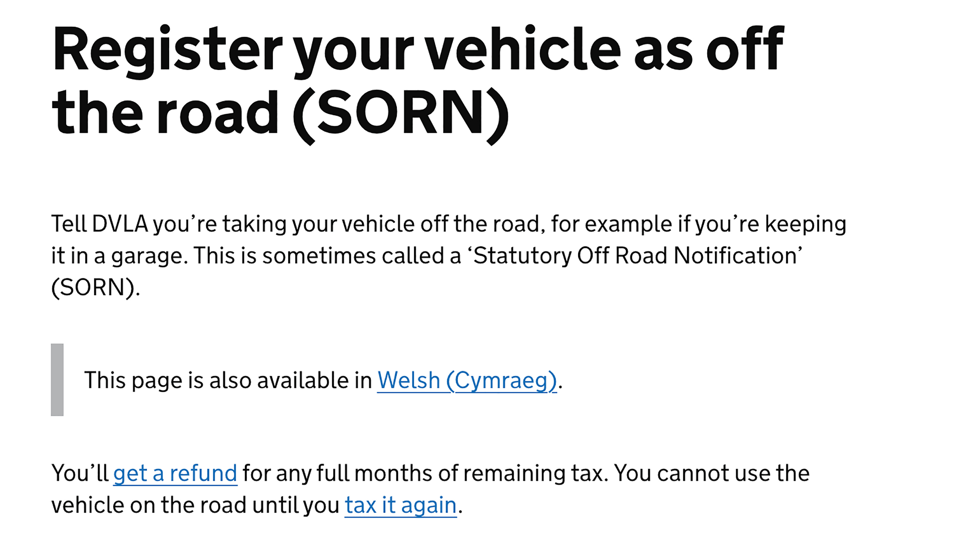 DVLA SORN online web page - screen grab
