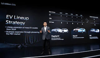 Kia CEO Ho Sung Song presenting brand's EV line-up strategy on stage