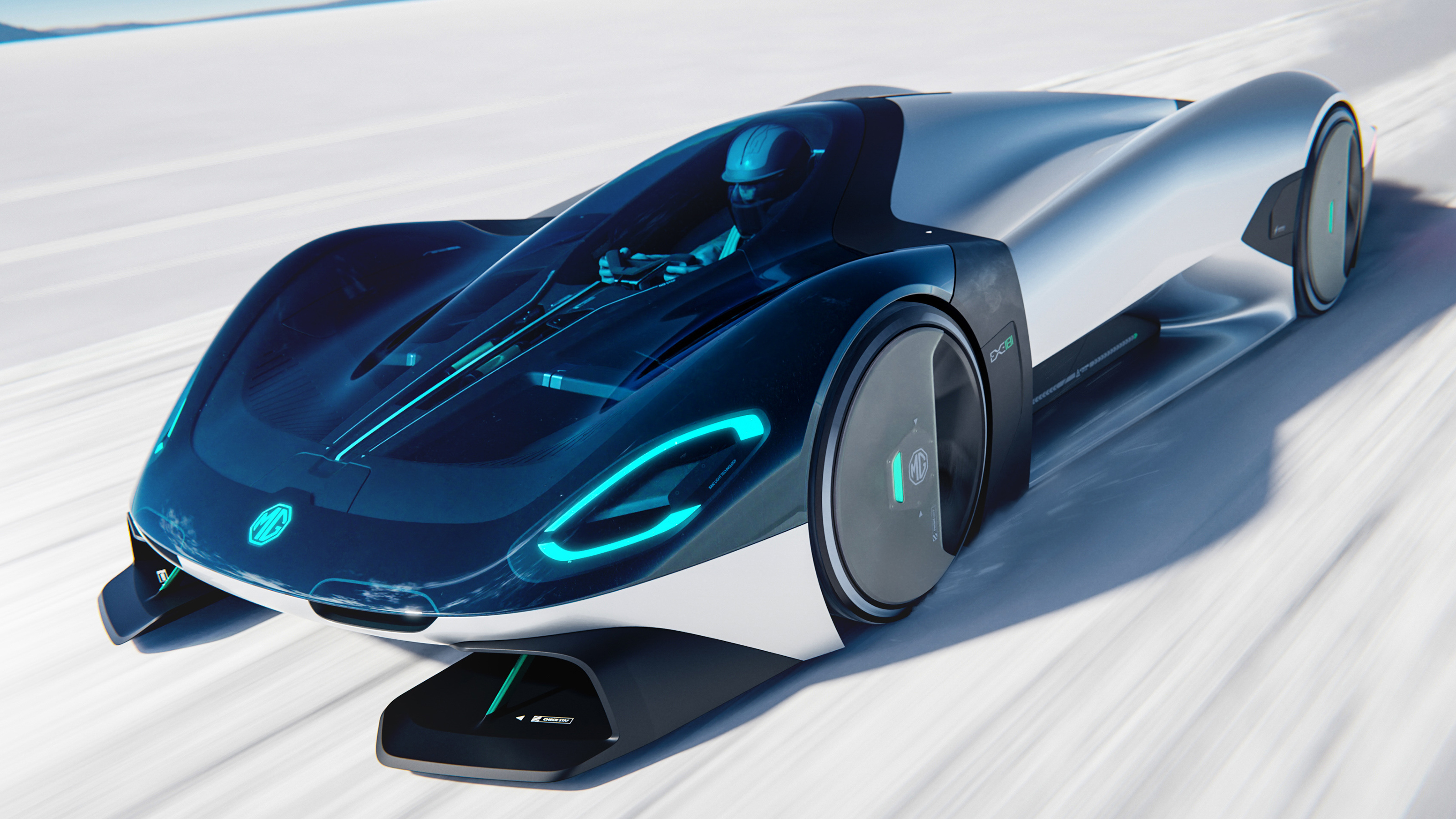 New MG EXE181 concept - Front 3/4 driving on salt flats