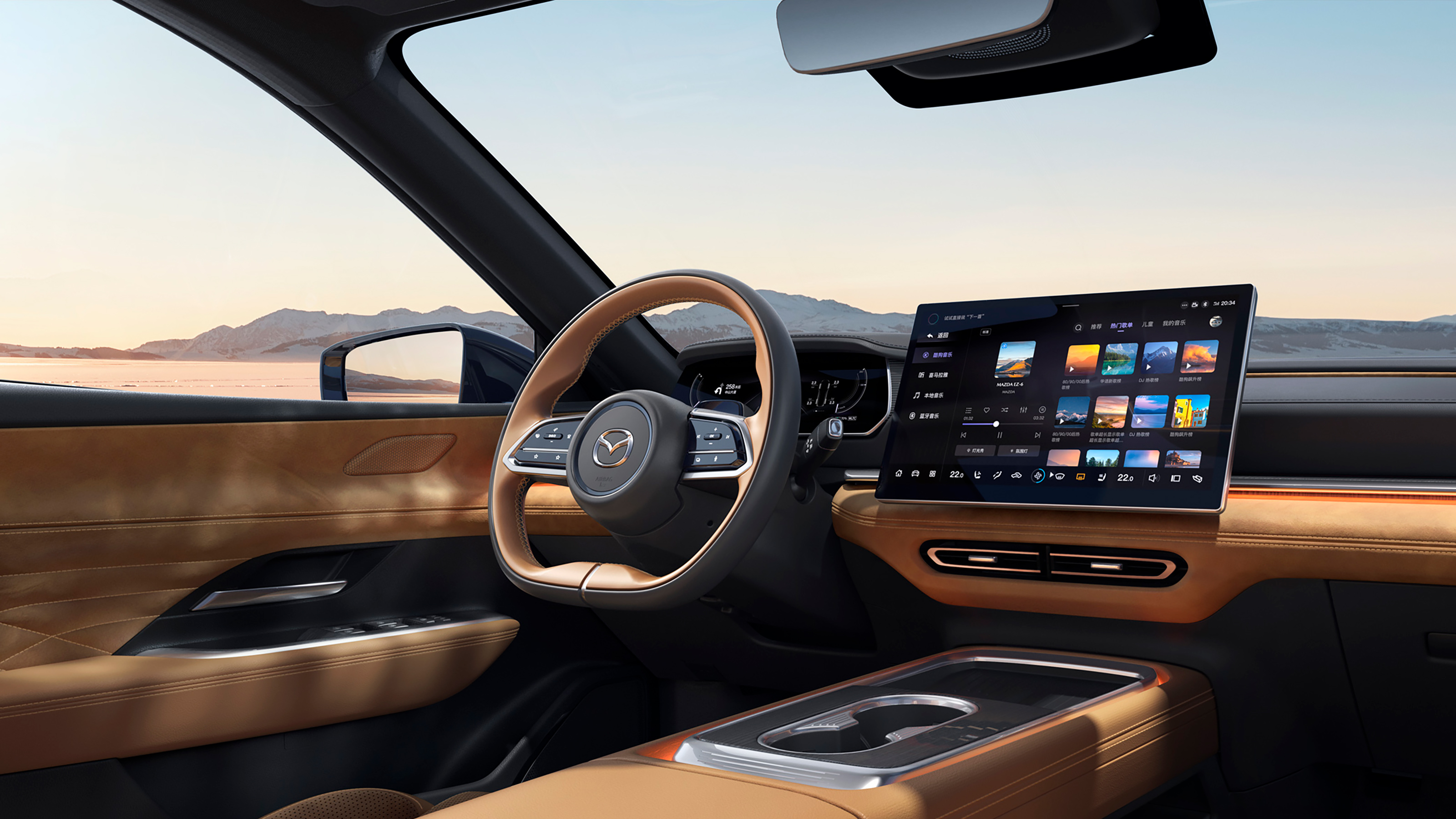 The new Mazda EZ-6 front interior view of the drivers position
