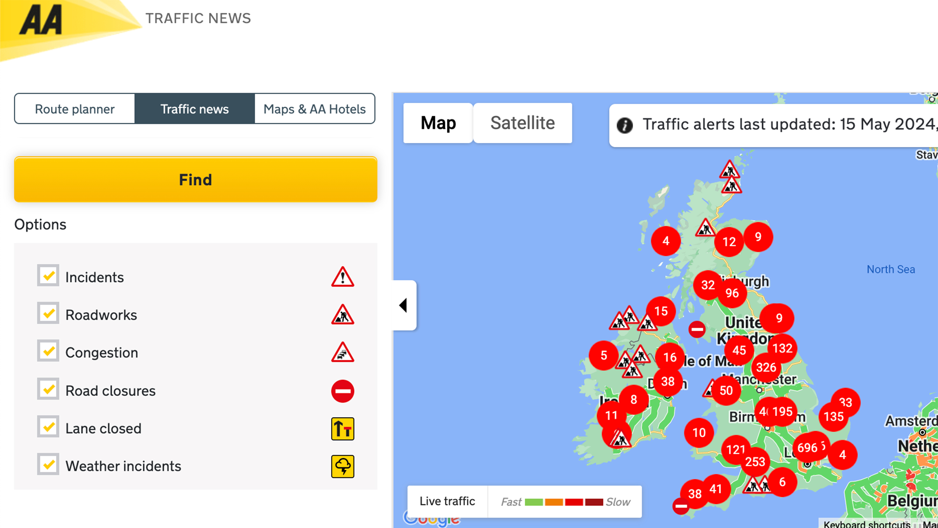 AA Route Planner - roadworks and traffic